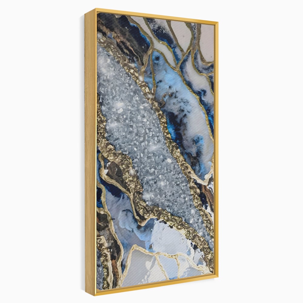Tablou canvas cu pictura abstracta cu textura de marmura si detalii aurii, in rama de aluminiu auriu